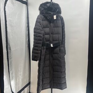 Calvin Klein Black Long Puffer Coat with Fur Trim